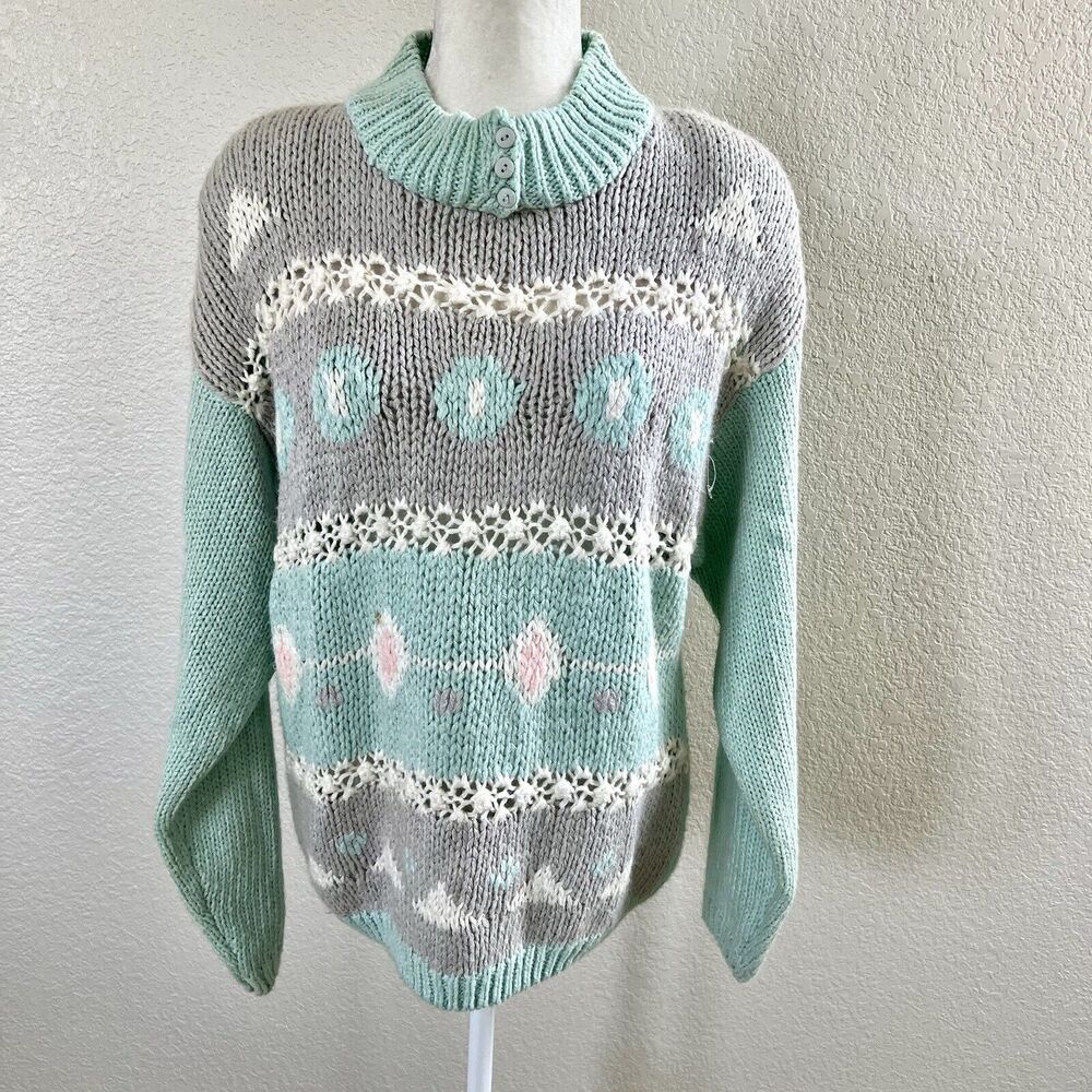 Amilano Vintage Paris Baby Blue Sweater Top Womens Medium Chunky Long Sleeve